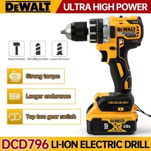Dewalt DCD796 Cordless Brushless Impact Drill Brushless Drill Multifunctional Rechargeable Portable 20V Battery Power Tools - Image 6