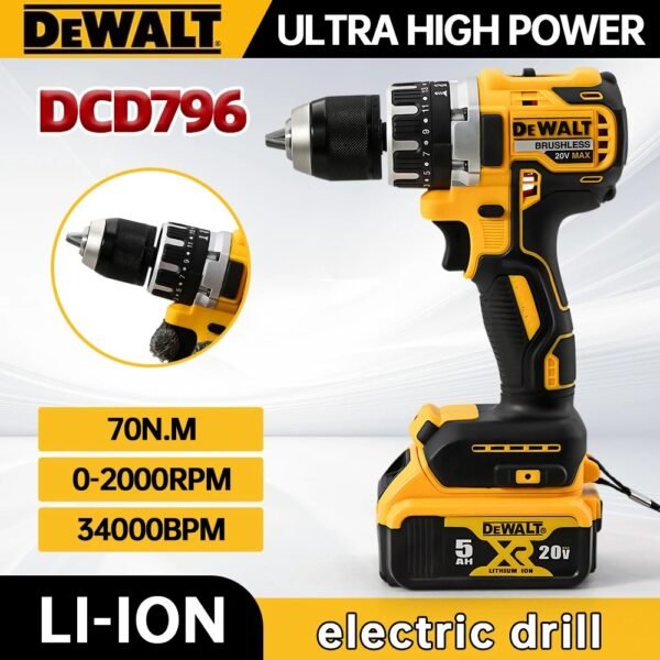 Dewalt DCD796 Cordless Brushless Impact Drill Brushless Drill Multifunctional Rechargeable Portable 20V Battery Power Tools - Image 5