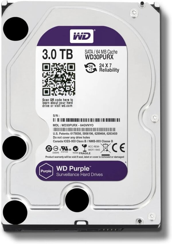 WD Purple 3TB Surveillance Internal Hard Drive Disk 3.5" 64MCache SATA III 6Gb/s HDD HD Harddisk for CCTV DVR NVR