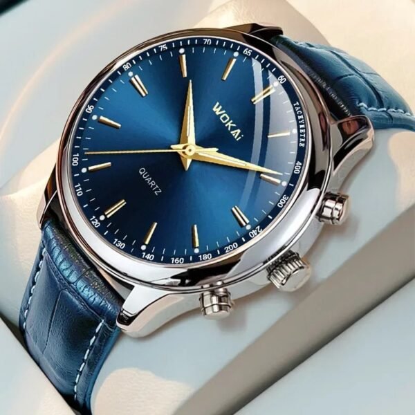 Fashion Male Clock Mens Casual Wristwatch Elegant Blue Quartz Leather Strap Watches Clock Gift Masculino Relogio Reloj Hombre(Blue)