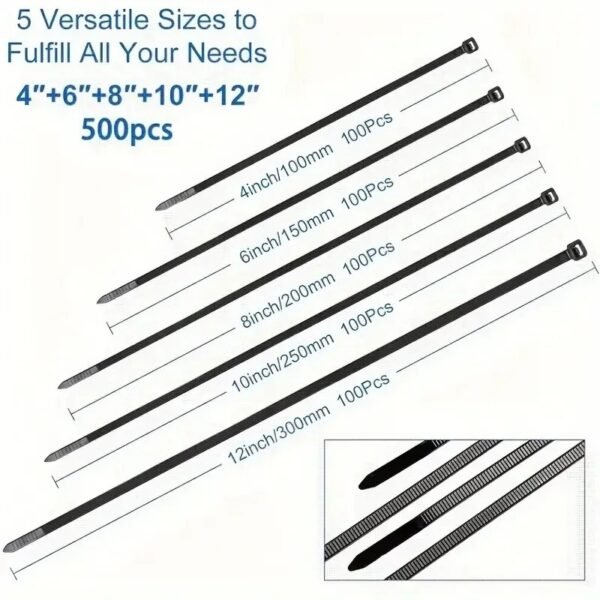 500pcs Black Heavy-duty Nylon Cable Ties - Versatile Sizes for All Your Needs: 4", 6", 8", 10", 12" - High Tensile Strength - Image 3