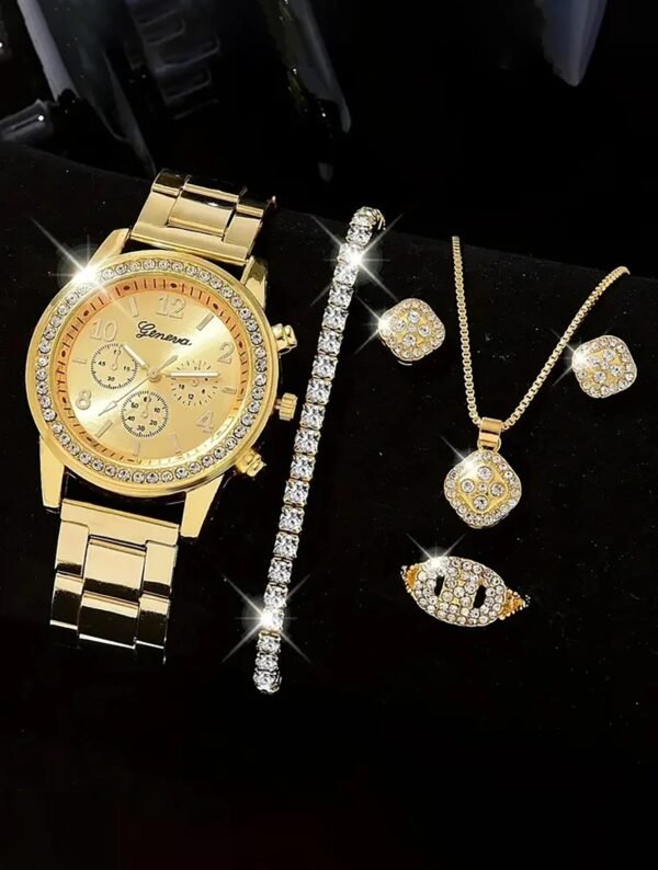 6PCS fashion diamond set rhinestone Ladies gold quartz Steel band Watch with bracelet Ring Necklace Earrings set - Image 4
