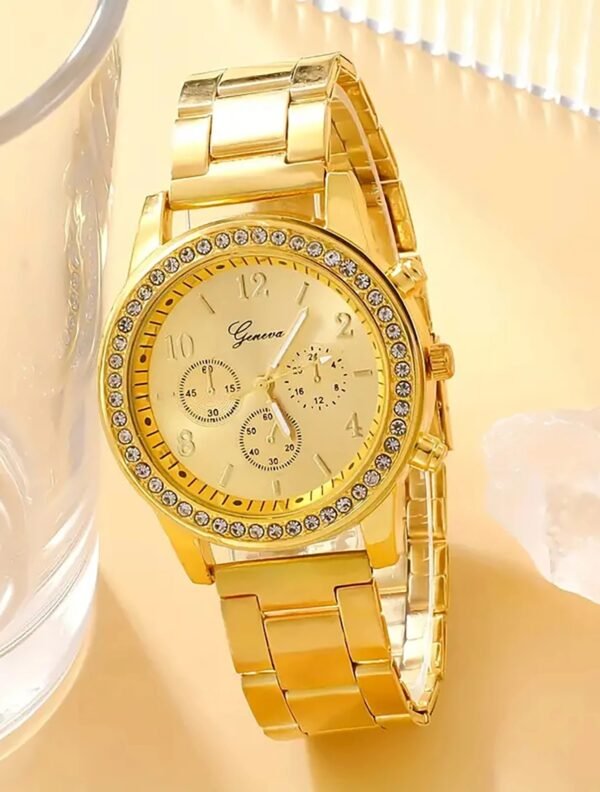 6PCS fashion diamond set rhinestone Ladies gold quartz Steel band Watch with bracelet Ring Necklace Earrings set - Image 3