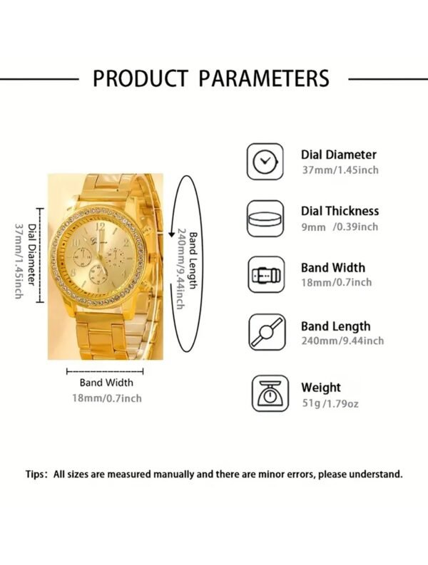6PCS fashion diamond set rhinestone Ladies gold quartz Steel band Watch with bracelet Ring Necklace Earrings set - Image 2