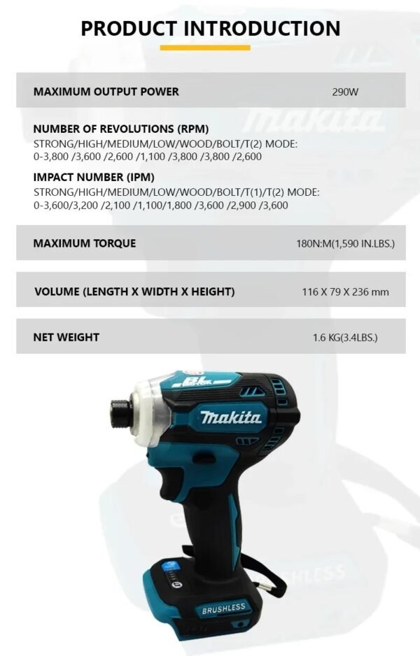 Makita Brushless Electric Tools DTD171 Cordless Impact Driver, Motor Bare Tool power tmakita 18v toolools Makita power tools - Image 2