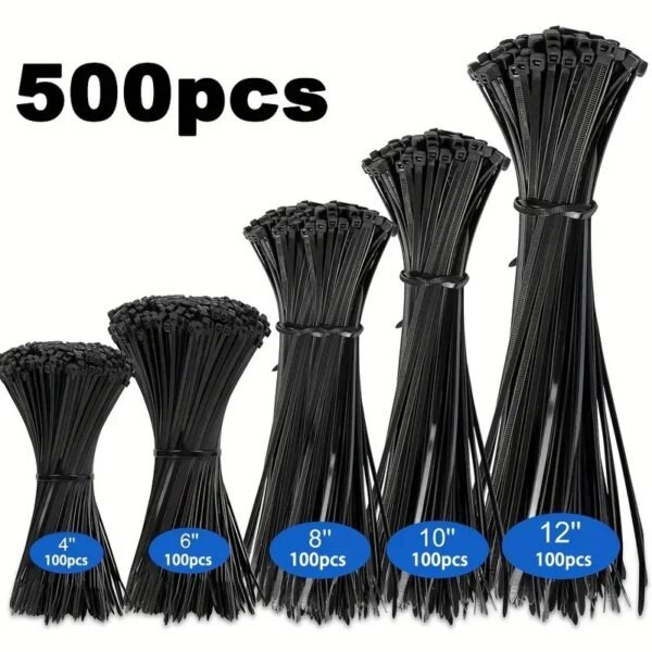 500pcs Black Heavy-duty Nylon Cable Ties - Versatile Sizes for All Your Needs: 4", 6", 8", 10", 12" - High Tensile Strength - Image 2