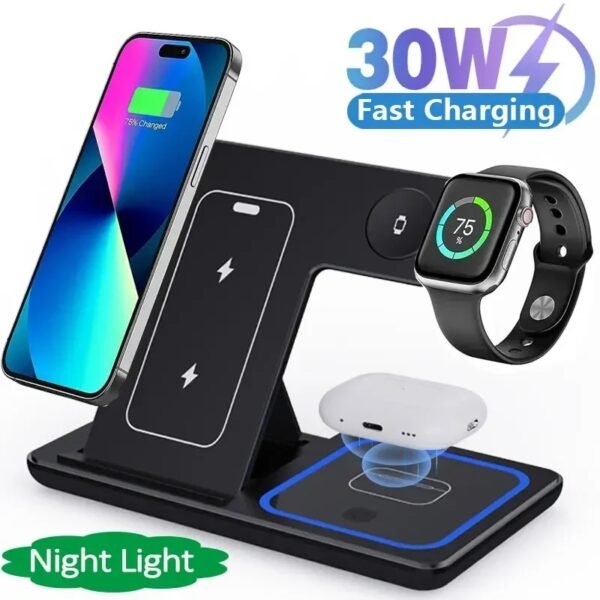 30W 3 in 1 Foldable LED Fast Wireless Charger Stand Charging Station For iPhone 15 14 13 12 11 Apple Watch 9 8 7 6 5 Airpods Pro