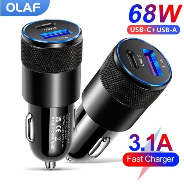 Olaf USB Type C Car Phone Adapter Fast Charging, Fast Charge 3.0, 68W, PD, iPhone 13, 12, Xiaomi, Huawei, Samsung S21