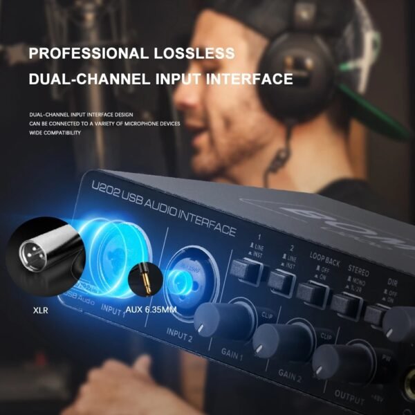 BOMGE U202 USB Audio Interface with Mic Preamplifier XLR/TSR/TS Ports 48V 32-Bit/192kHz Resolution for computer recording Stream - Image 4