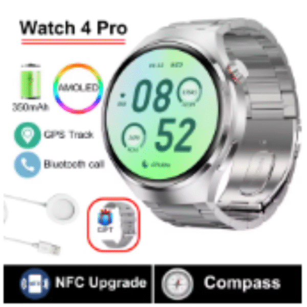WATCH 4 Pro Health Smart Watch Men 360*360 AMOLED Screen NFC GPS Tracker Compass BT call Blood oxygen IP68 Sport Smartwatch 2025(Silver steel strip)