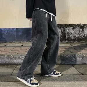 Fashion Men's Solid Color Drape Jeans Loose Straight Korean Vintage High Street Hip-hop Y2K Casual Daily Dragging Wide-leg Pants(XXL (76-85kg)))