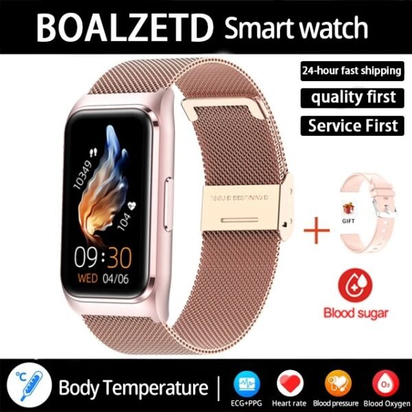 New ECG+PPG Smart Watch Men Blood Pressure Uric Acid Blood Fat Call Reminder Health Smartwatch Women Waterproof For Android IOS( Mesh belt pink)