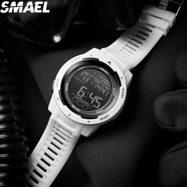 SMAEL 8105 Waterproof Watch Digital Light Stopwatch Watch for Men Digital Watches Sports LED Wristwatches Men's 50m(White) - Image 2