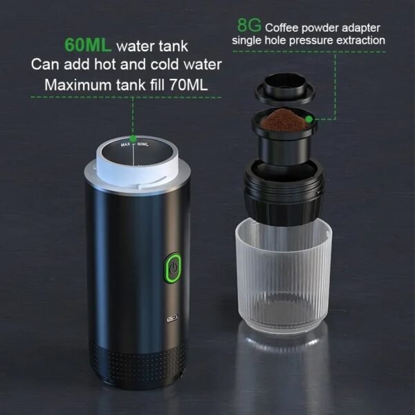Wireless Electric Portable Espresso Coffee Machine for Car & Home Camping Coffee Maker 3-in-1 Capsule Powder Travel Coffee Maker(Black) - Image 3