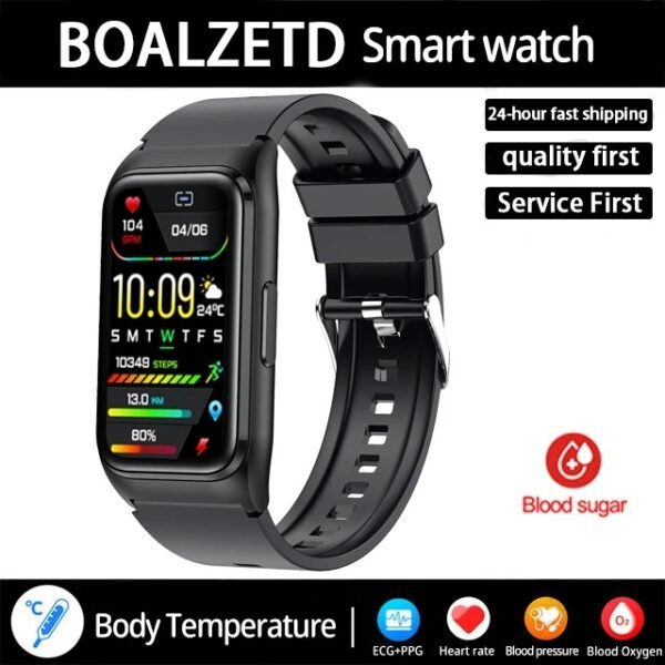 New ECG+PPG Smart Watch Men Blood Pressure Uric Acid Blood Fat Call Reminder Health Smartwatch Women Waterproof For Android IOS( Silica gel Black)