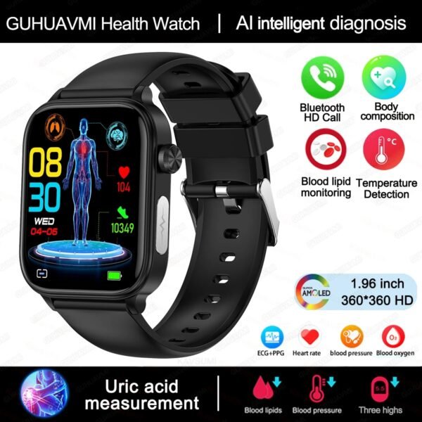 AI Diagnostic Detector Smart Watch Women Blood Lipid and Uric Acid Body Composition Test Women Menstrual Health Tracker 2025 New(Black)