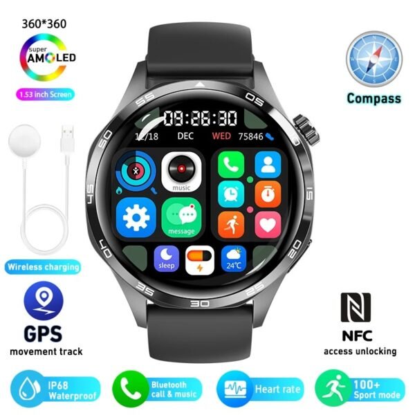 For HUAWEI GT5 Pro GPS NFC Smart Watch Men 360*360 AMOLED Screen Heart rate Bluetooth Call IP67 Waterproof Man Smartwatch 2024 (black steel)
