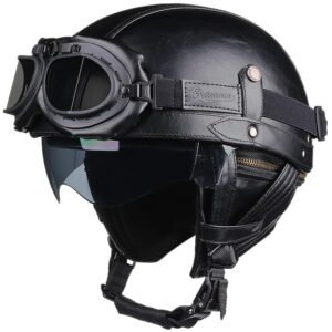 Size (M)Retro Motorcycle Helmet PU Leather Moto Helmets Men Women Half Helmet HD Lens Casco Four Seasons Riding Scooter Capacetes