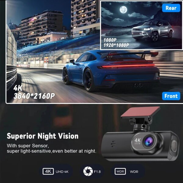 Front and rear 4K driving recorders, Wi Fi and application control, G-Sensor, Night vision， Wide angle, loop playback, Parking - Image 4