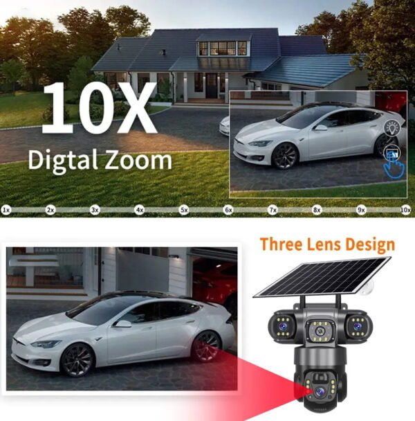 Solar Camera 4G Sim Outdoor 3 Lens 3 Screen 10X Zoom PIR Human Detect Cameras Waterproof Night Vision CCTV Security Protection - Image 3