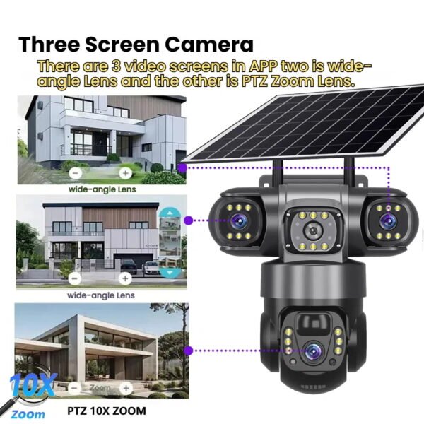 Solar Camera 4G Sim Outdoor 3 Lens 3 Screen 10X Zoom PIR Human Detect Cameras Waterproof Night Vision CCTV Security Protection - Image 6