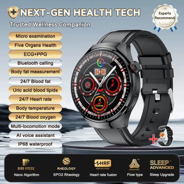 （Black Leather）2025 New For HUAWEI AI Health Diagnosis Smart Watch Uric Acid Blood Lipids ECG PPG Micro examination Smartwatch For Android&IOS