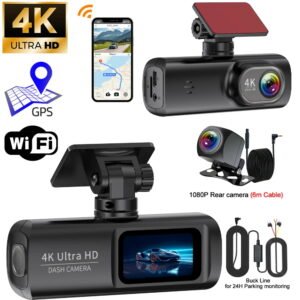 Front and rear 4K driving recorders, Wi Fi and application control, G-Sensor, Night vision， Wide angle, loop playback, Parking