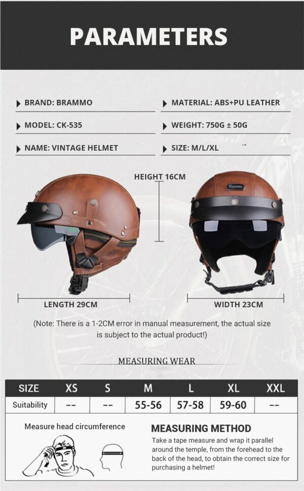 Size (M)Retro Motorcycle Helmet PU Leather Moto Helmets Men Women Half Helmet HD Lens Casco Four Seasons Riding Scooter Capacetes - Image 4