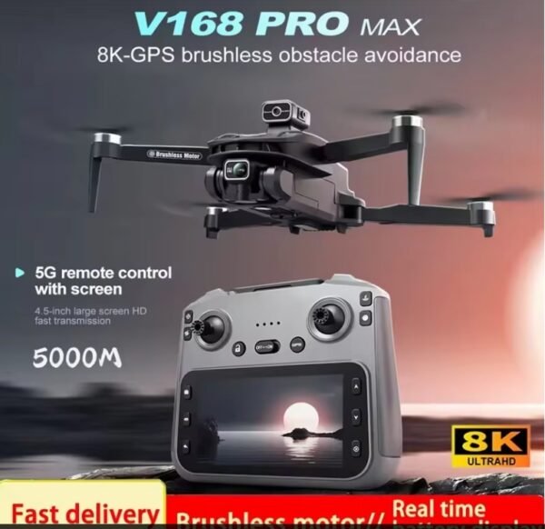 New V168 MAX LCD Screen RC FPV Drone 8K HD Camera 5G WIFI 360° Obstacle Avoidance GPS Drone Brushless RC Quadcopter Toys Dron