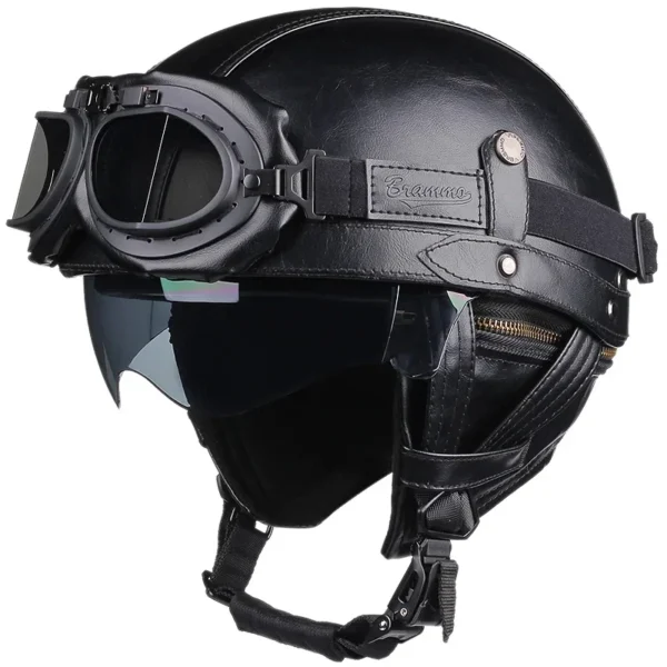 Retro Motorcycle Helmet PU Leather Moto Helmets Men Women Half Helmet HD Lens Casco Four Seasons Riding Scooter Capacetes