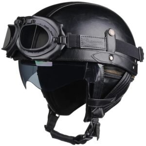 Size (XL) Retro Motorcycle Helmet PU Leather Moto Helmets Men Women Half Helmet HD Lens Casco Four Seasons Riding Scooter Capacetes