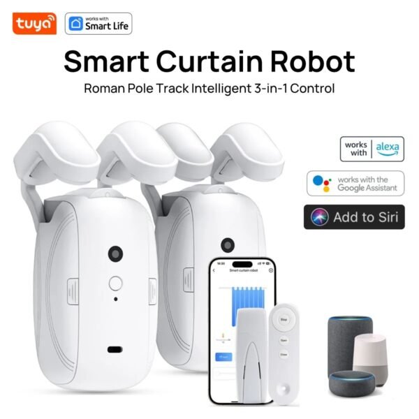 ( Color: 3-in-1-Roman-DoubleB ) Tuya Smart Curtain Robot, Intelligent 3-in-1 Control Tuya App/Remote/voice control（Alexa Google Siri） For Roman Rod Track