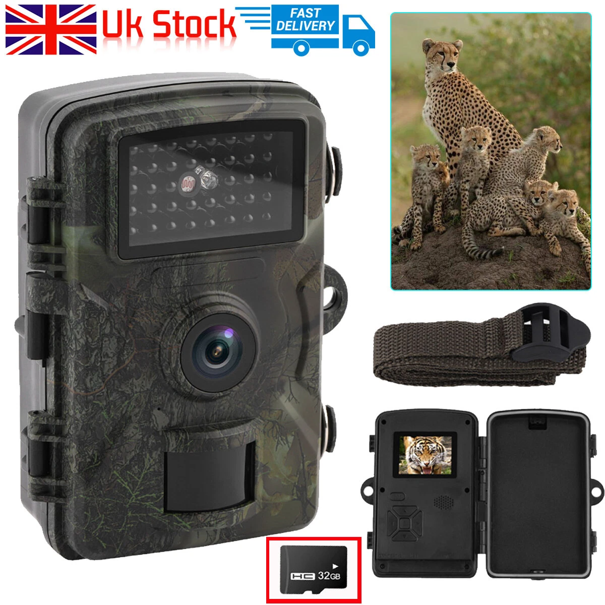 32GB Wildlife Trail Camera 4K 1080P Game Night Vision Outdoor Motion Hunting Cam